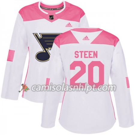 Camisola St. Louis Blues Alexander Steen 20 Adidas 2017-2018 Branco Rosa Fashion Authentic - Mulher